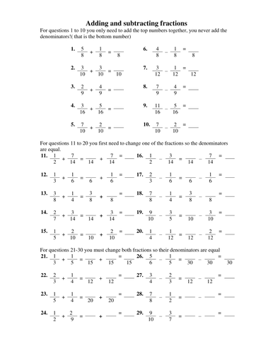 Adding and Subtracting Fractions | Teaching Resources