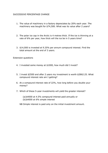 Successive Percentage Change & Compound Interest | Teaching Resources