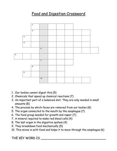Food and Digestion Crossword Teaching Resources