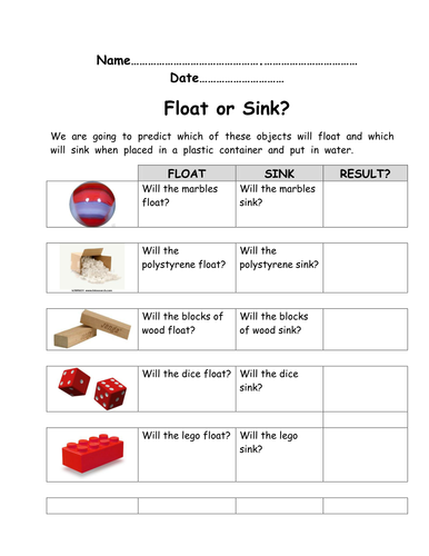 Forces Float Or Sink Worksheet For Investigation