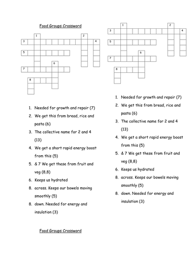 Food Groups Crossword Teaching Resources