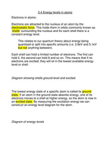 Energy Levels and Spectra Notes For Physics | Teaching Resources