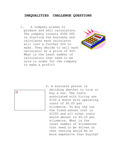 Inequalities Word Questions | Teaching Resources