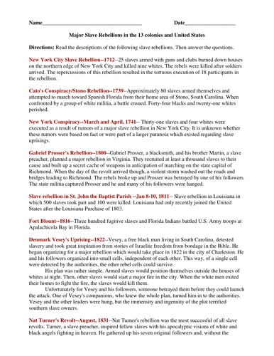 Slave Rebellions and Questions | Teaching Resources