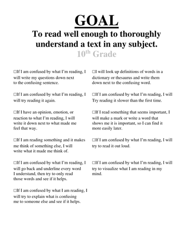 10th Grade Goals | Teaching Resources