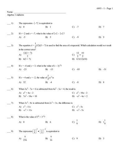 Algebra I midterm exam | Teaching Resources