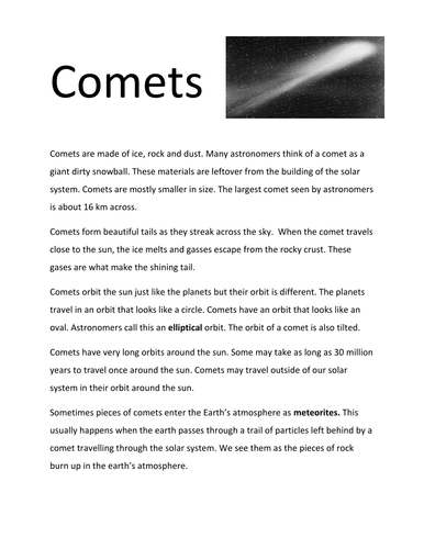 Asteroid and comets comparison activity | Teaching Resources