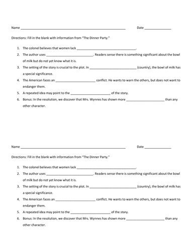 Quiz on "The Dinner Party" by Mona Gardner | Teaching Resources