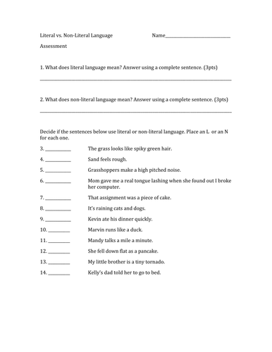 Literal vs. Non-Literal Language Assessment | Teaching Resources