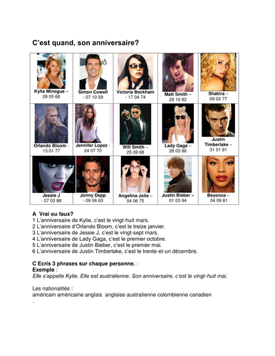 Celebrity Birthdays FRENCH | Teaching Resources