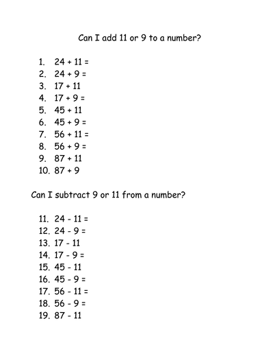 Adding/subtracting 9 or 11 | Teaching Resources