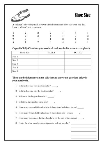 tally chart handouts and questions about data by