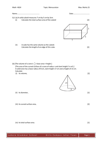 Mensuration; numbers and trigonometry | Teaching Resources