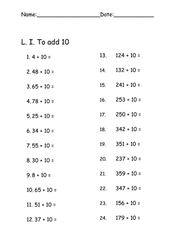 Adding 10 To 2- And 3 Digit Numbers 