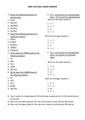 Upper and Lower bounds homework | Teaching Resources