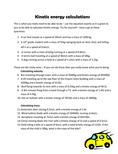 Kinetic Energy Calculation Questions Teaching Resources