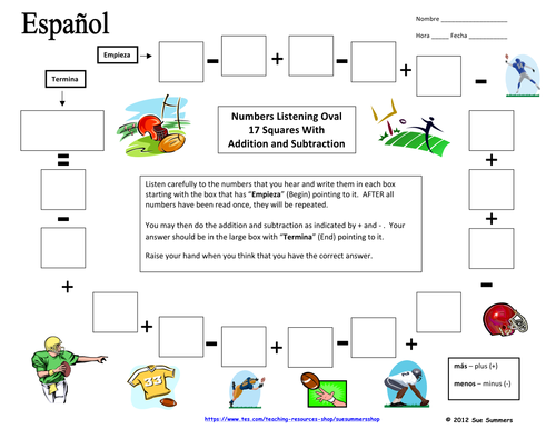 Spanish Numbers and Math Listening Activity - Football Theme