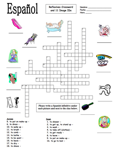 spanish reflexive verbs crossword 18 words and 11 image ids teaching resources