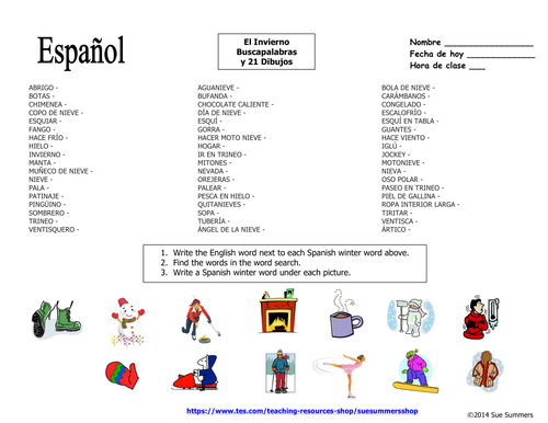 Spanish Winter Word Search Puzzle and Image IDs