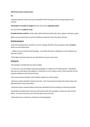 IGCSE exam Revision sheet | Teaching Resources