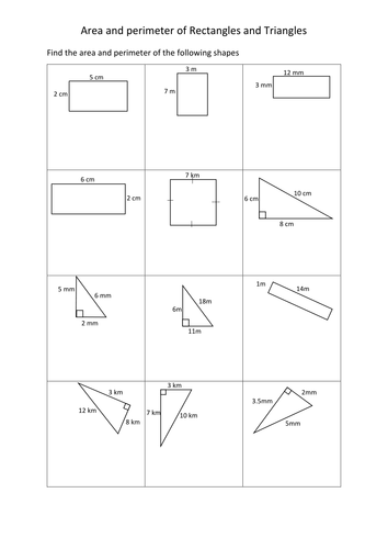 Area And Perimeter Of Rectangles And Triangles Worksheets Teaching Resources 9347