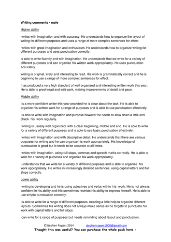 Report Writing comments - Writing Male FREE | Teaching Resources