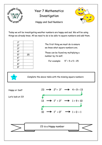 Happy And Sad Numbers Investigation Teaching Resources