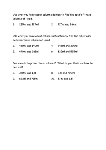 Year 3 Measuring capacity of liquids worksheet | Teaching Resources