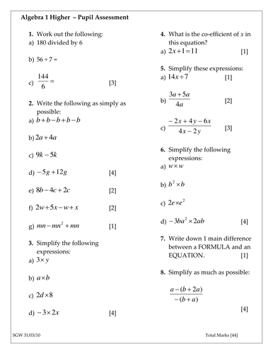 Algebra Higher Assessment or Worksheet .doc | Teaching Resources