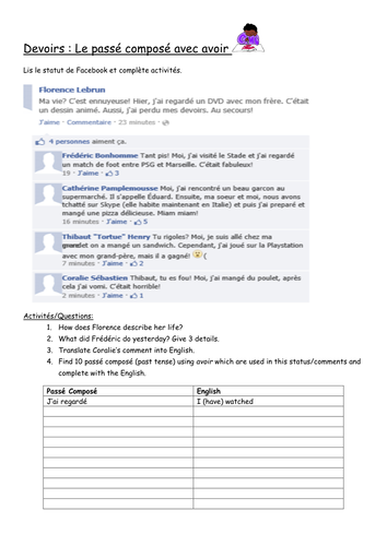 Avoir Past Tense Homework Sheet Teaching Resources