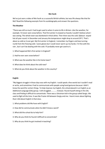 ESOL/EAL Mo Farah Reading Comprehension | Teaching Resources