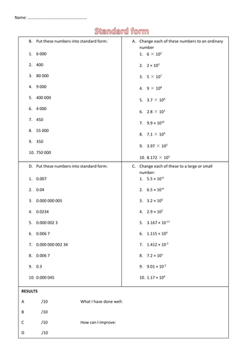 standard form worksheet tes