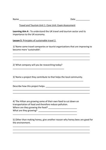BTEC Travel and Tourism Unit 1 Sustainable Travel | Teaching Resources