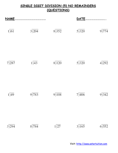 Single Digit Division (B-Sheet 4-6) No Rem+Answers | Teaching Resources