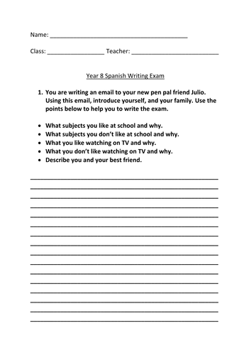 year 8 spanish writing test teaching resources