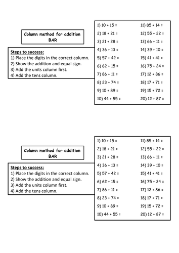 column addition homework year 3