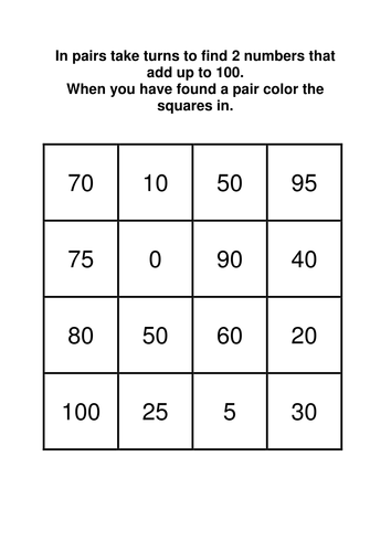 number bonds to 20 and 100 activity teaching resources