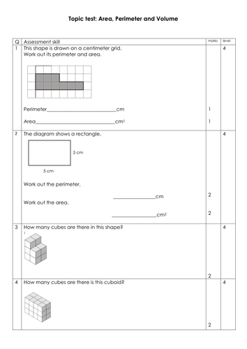 Area Perimeter Volume topic tests Level 2-7 | Teaching Resources