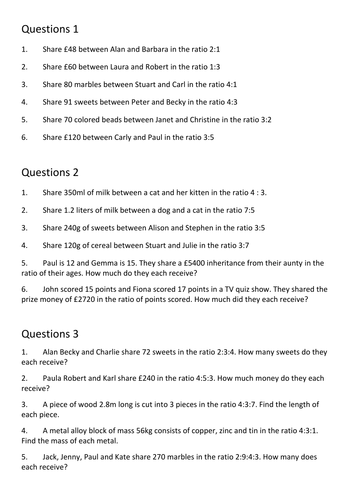 Ratio Worded Questions 3 levels of challenge | Teaching Resources