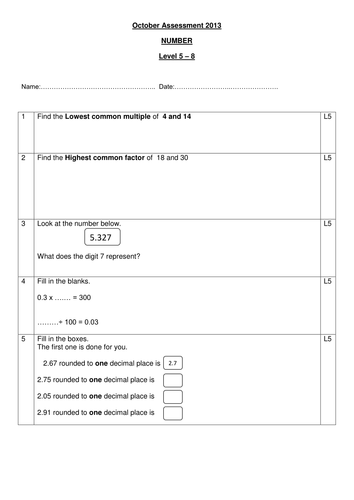 Number Assessments Level 2-8 