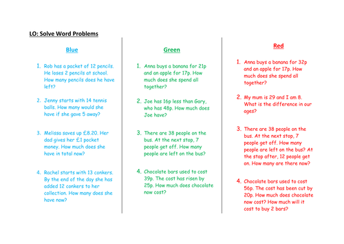 Differentiated Color Word Problems | Teaching Resources