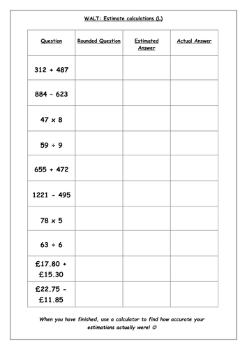 Estimating Calculations Table | Teaching Resources