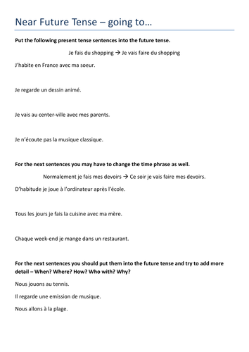 French Immediate Future Tense Worksheets Teaching Resources