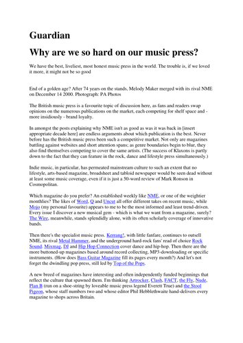 AQA GCSE Media Studies Music Press: Print & Online | Teaching Resources