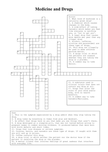 Medicine and drugs crossword Teaching Resources