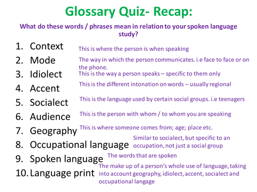 Spoken Language Glossary Quiz | Teaching Resources