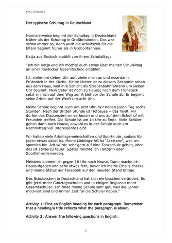 Der Typische Schultag In Deutschland Teaching Resources