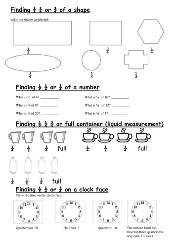 half quarter three quarters worksheets teaching resources